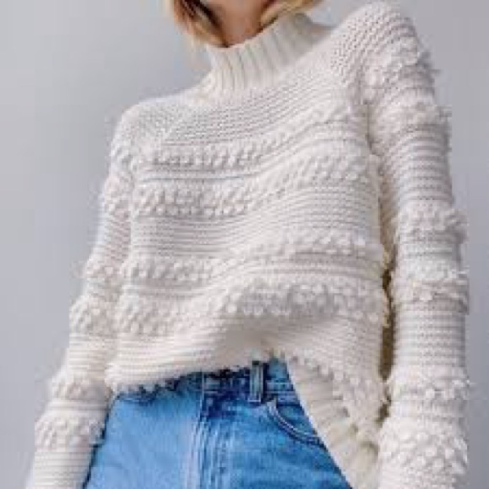 Lou Grey Sweater Snowbird Pom Pom Womens L Cream full length  Mock neck Chunky